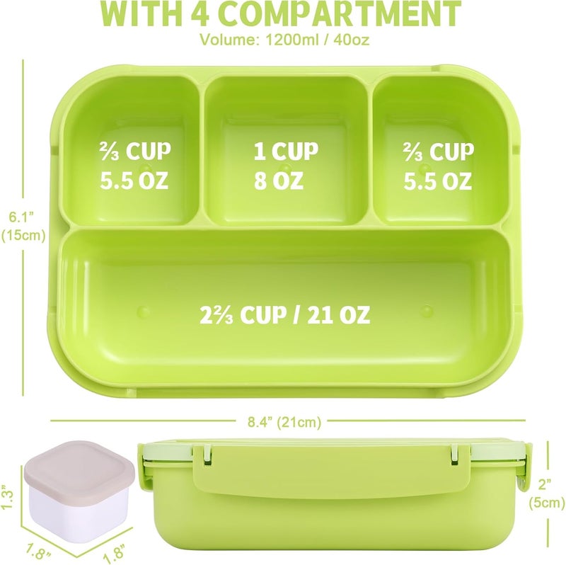 shell and turtle Bento Box Adult Lunch Box, Lunch Containers for Kids Girls Boys with 4 Compartments, Lunchable Food Container with Utensils, Sauce Jar, Muffin Liners, 40 Oz/5 Cup, Bright Green - Image 2